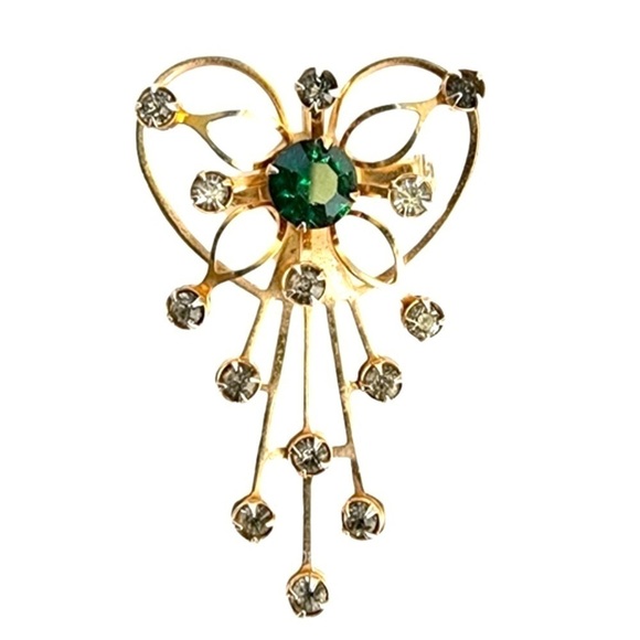 Vintage Green Rhinestone Heart Spray Brooch / Pendant Clear Gold Tone Pin 60s - Picture 1 of 5